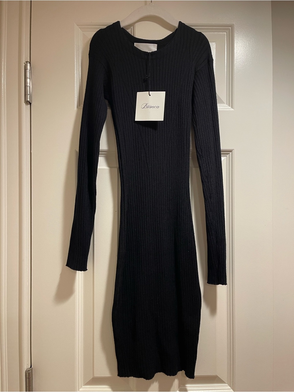 Bianca Black Ribbed Long-Sleeve Midi Dress